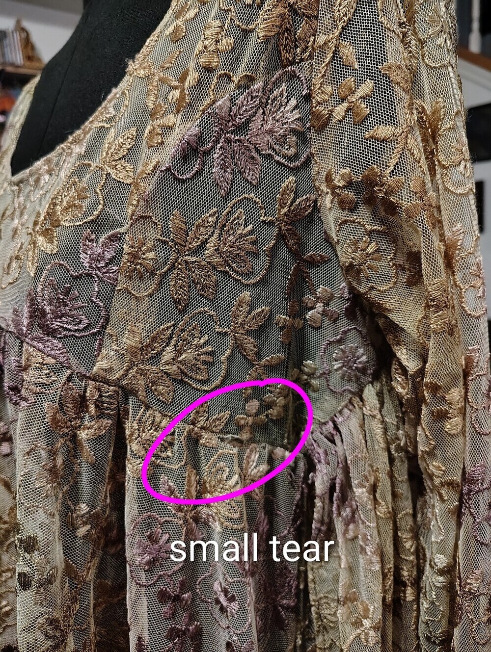 Wednesday's Child Mauve Gold Embroidery Floral Lace Dress Large Boho Vintage - Picture 14 of 16